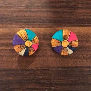 bright geometric fabric covered clip-on earrings